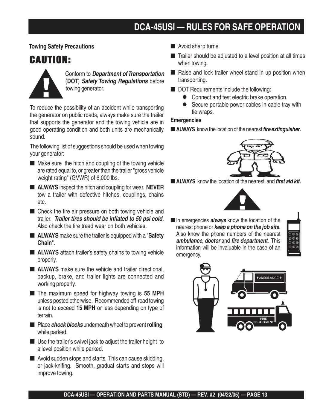 Multiquip DCA-45US1 operation manual Towing Safety Precautions, Emergencies 