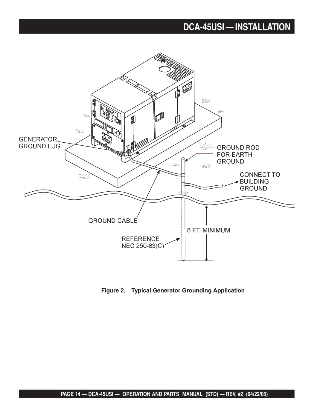 Multiquip DCA-45US1 operation manual DCA-45USI Installation, Typical Generator Grounding Application 