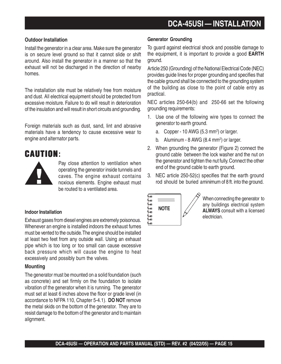 Multiquip DCA-45US1 operation manual Outdoor Installation, Mounting 