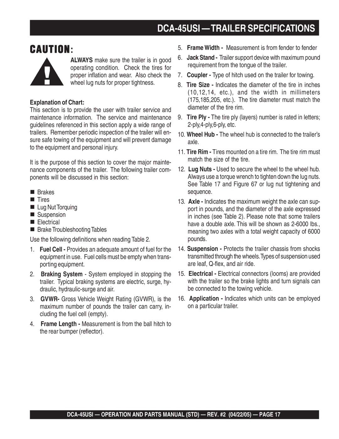 Multiquip DCA-45US1 operation manual DCA-45USI -TRAILER Specifications, Explanation of Chart 