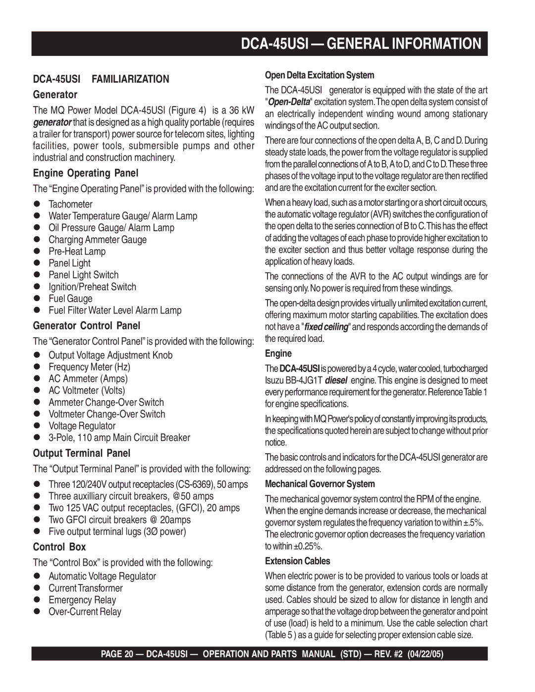 Multiquip DCA-45US1 operation manual DCA-45USI General Information, Three auxilliary circuit breakers, @50 amps 