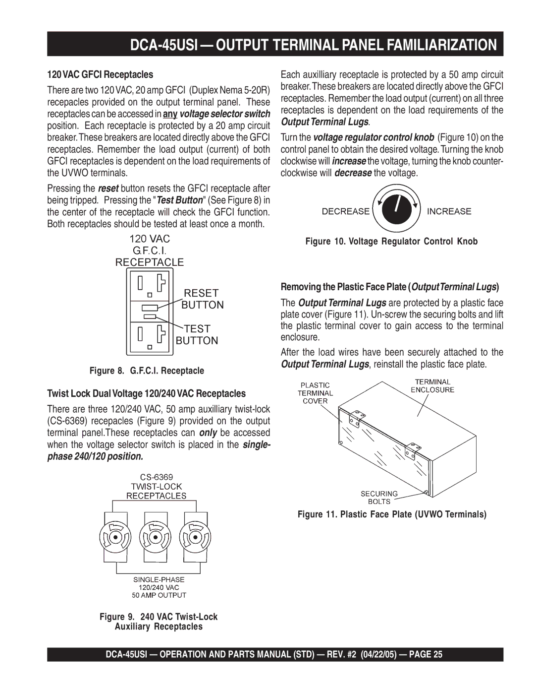 Multiquip DCA-45US1 operation manual DCA-45USI Output Terminal Panel Familiarization, 120VAC Gfci Receptacles 