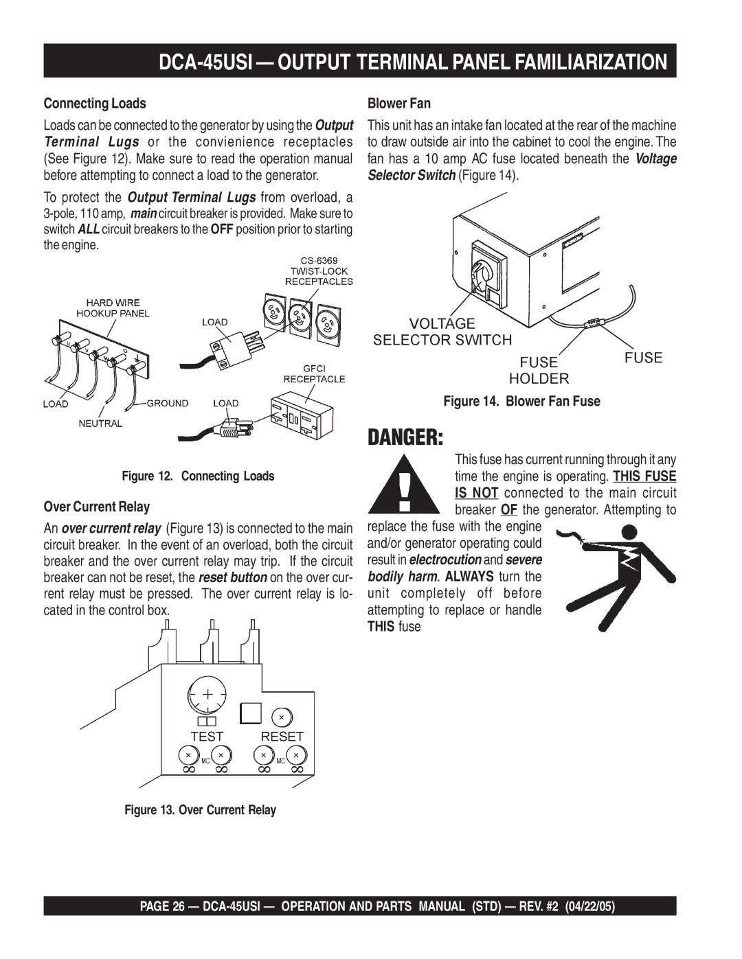 Multiquip DCA-45US1 operation manual Connecting Loads, Over Current Relay, Blower Fan 