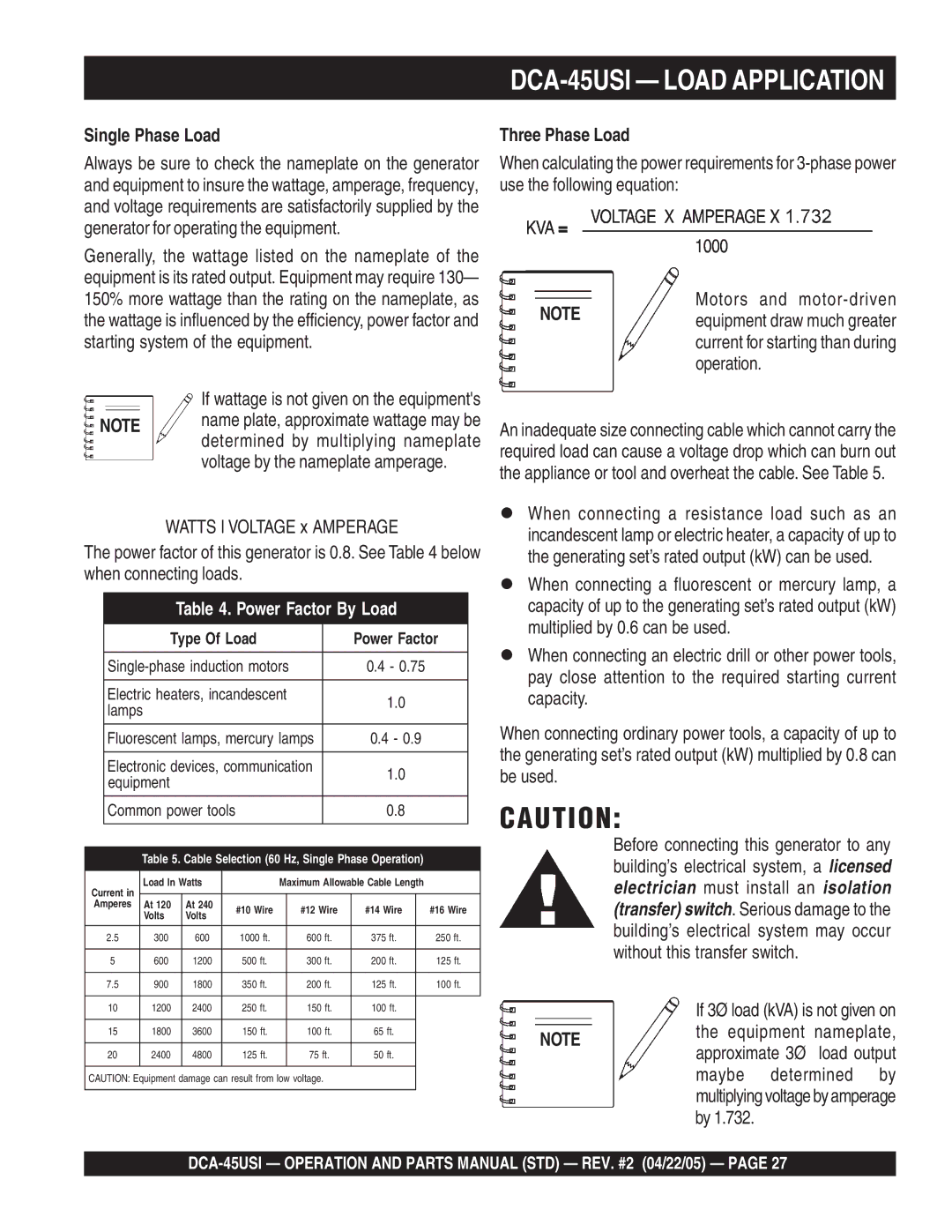 Multiquip DCA-45US1 DCA-45USI Load Application, Single Phase Load, Three Phase Load, If 3Ø load kVA is not given on 