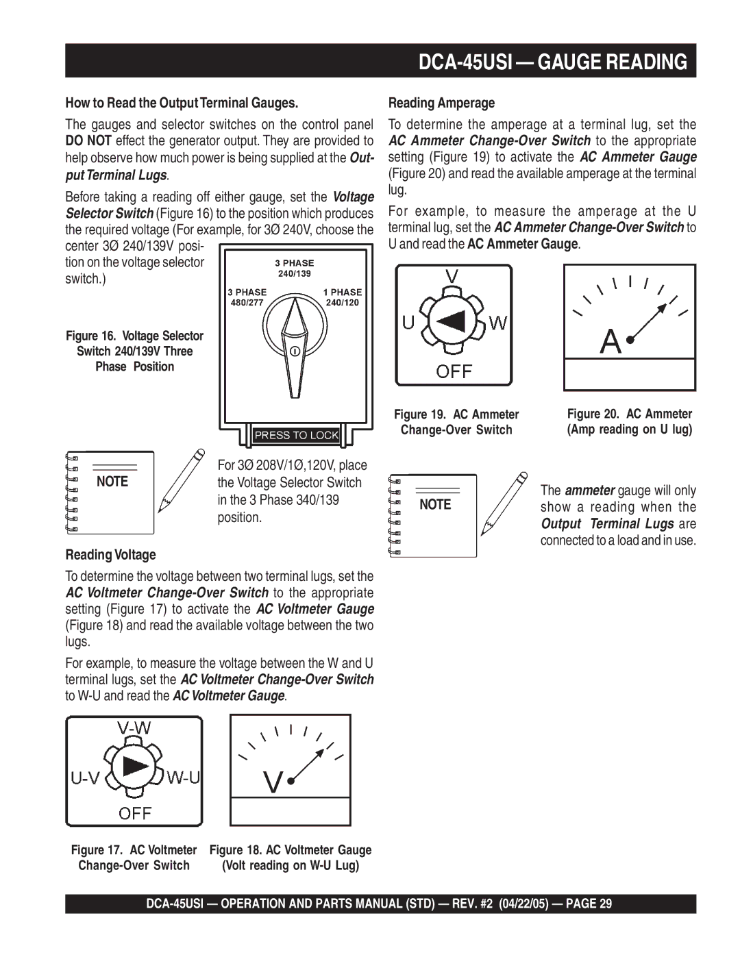 Multiquip DCA-45US1 DCA-45USI Gauge Reading, How to Read the OutputTerminal Gauges, Reading Amperage, Reading Voltage 