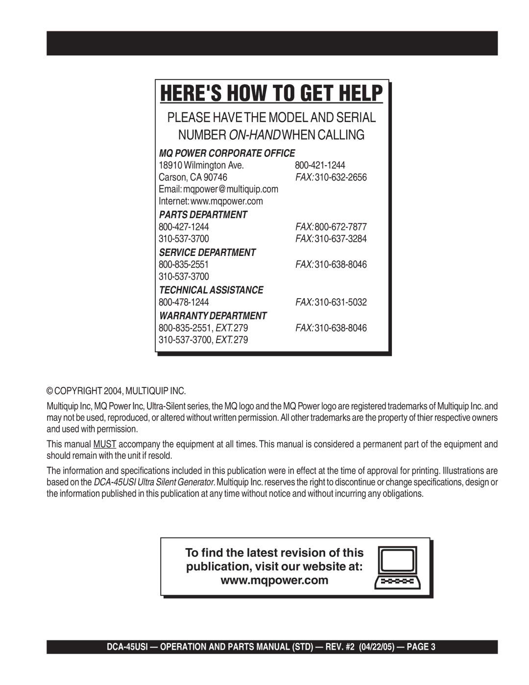 Multiquip DCA-45US1 operation manual Heres HOW to GET Help, Wilmington Ave Carson, CA 