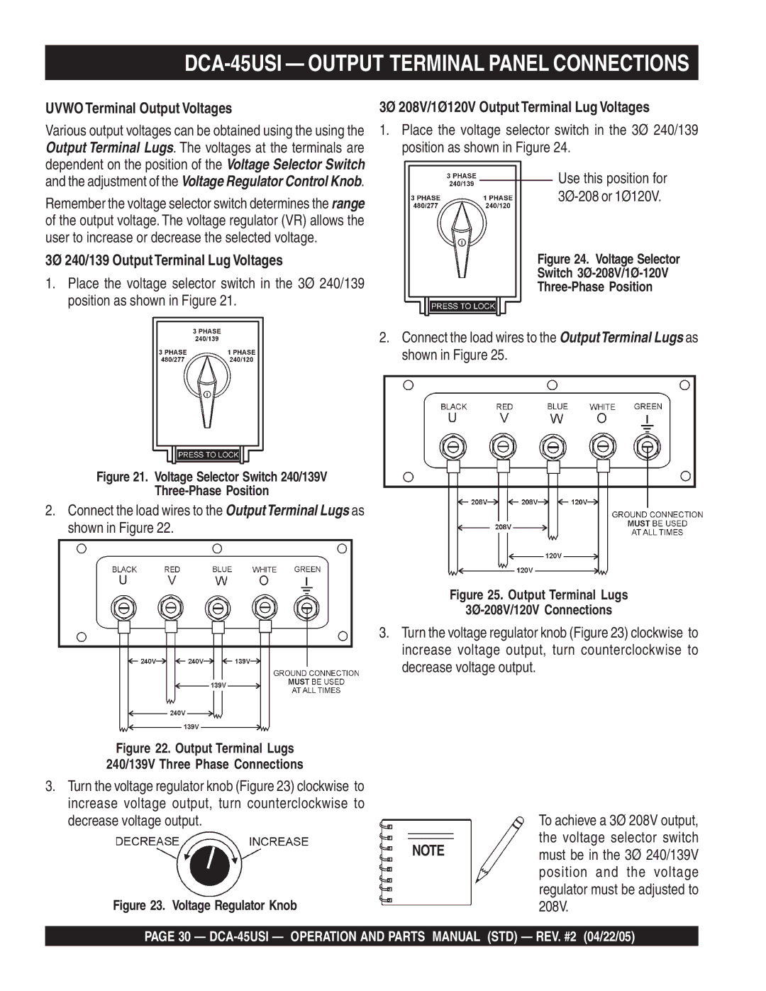 Multiquip DCA-45US1 operation manual DCA-45USI Output Terminal Panel Connections, Uvwo Terminal Output Voltages 