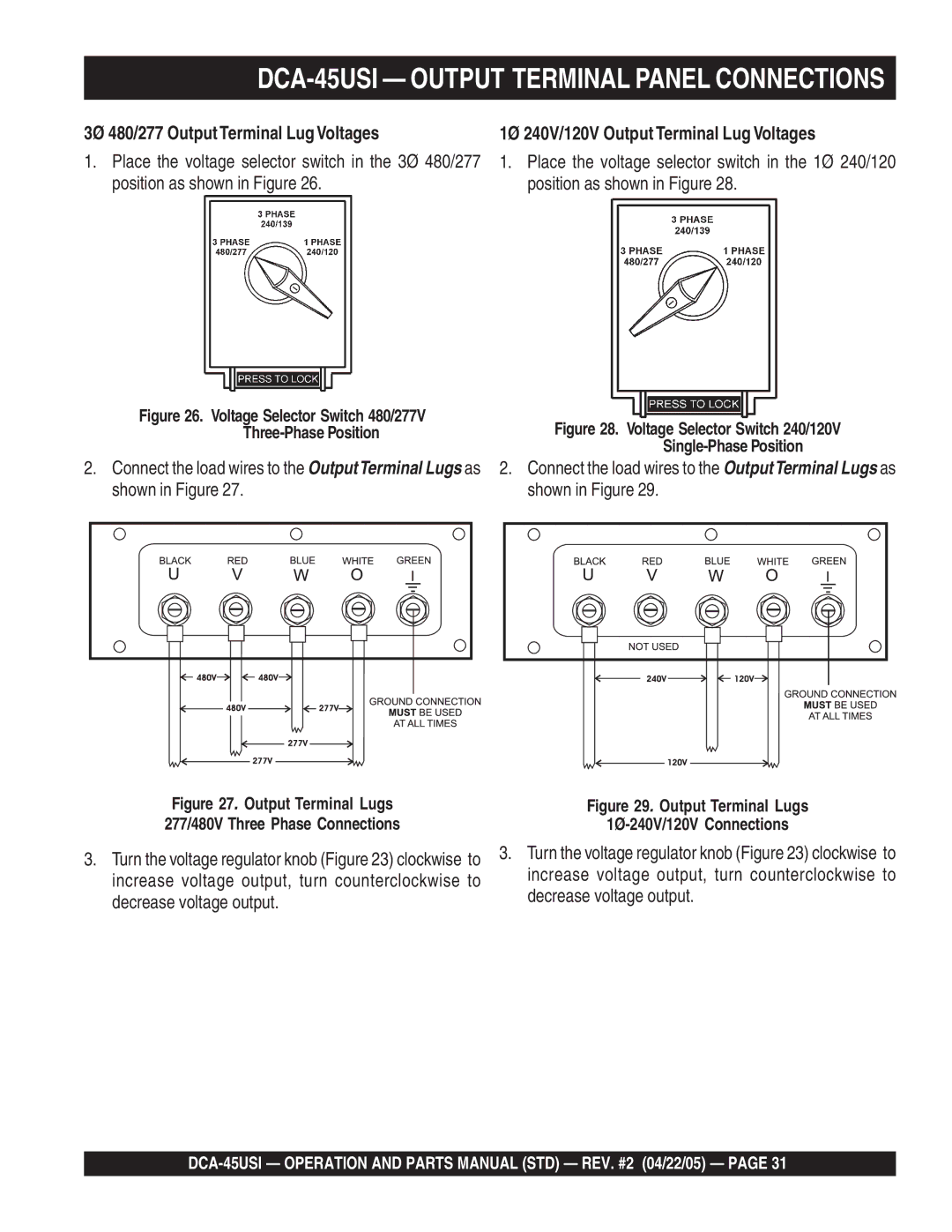 Multiquip DCA-45US1 operation manual 3Ø 480/277 Output Terminal Lug Voltages, 1Ø 240V/120V Output Terminal Lug Voltages 