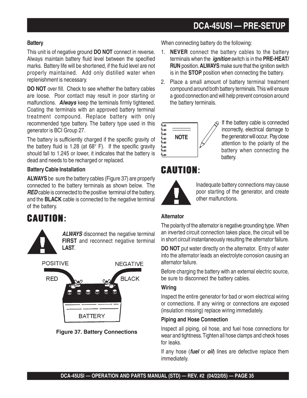 Multiquip DCA-45US1 operation manual Battery Cable Installation, Alternator, Wiring, Piping and Hose Connection 