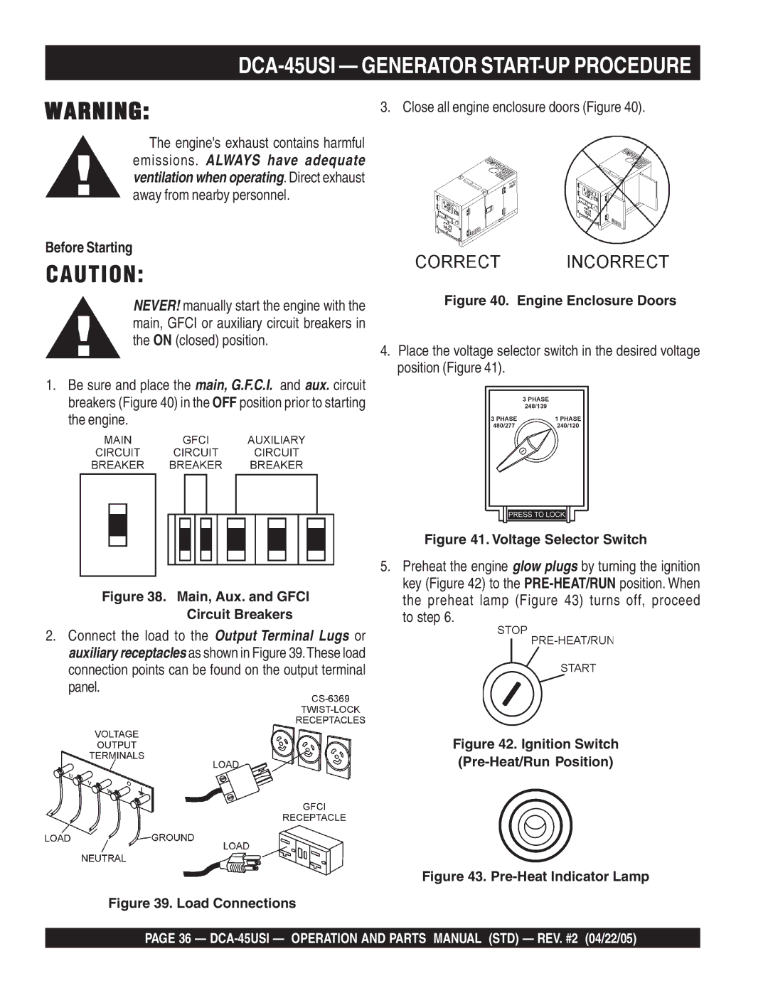 Multiquip DCA-45US1 operation manual DCA-45USI Generator START-UP Procedure, Before Starting 