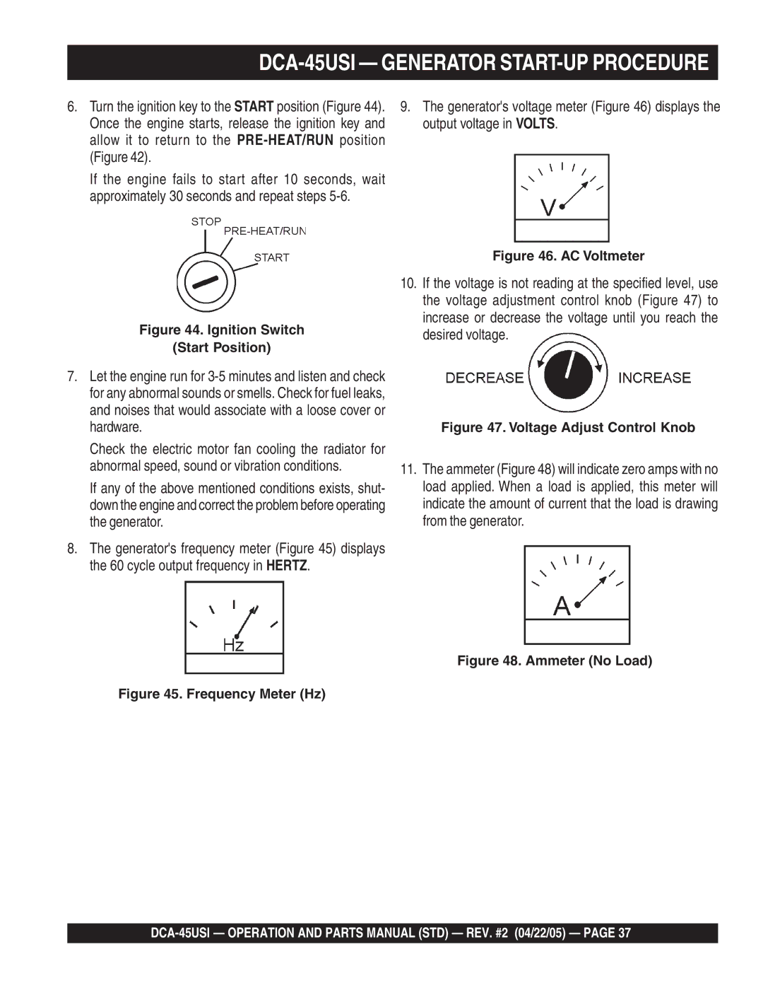 Multiquip DCA-45US1 operation manual DCA-45USI Generator START-UP Procedure 