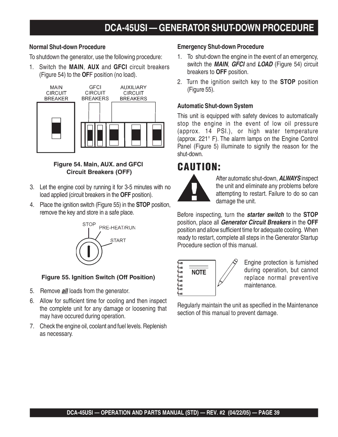 Multiquip DCA-45US1 operation manual Normal Shut-down Procedure, Emergency Shut-down Procedure, Automatic Shut-down System 