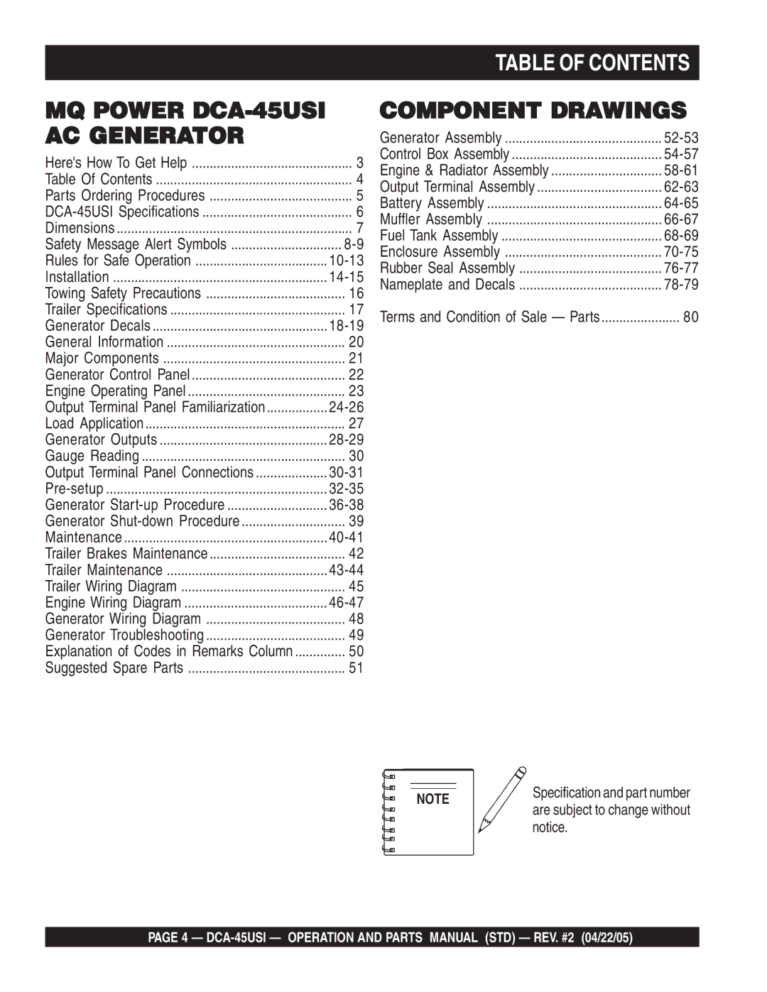 Multiquip DCA-45US1 operation manual Table of Contents 