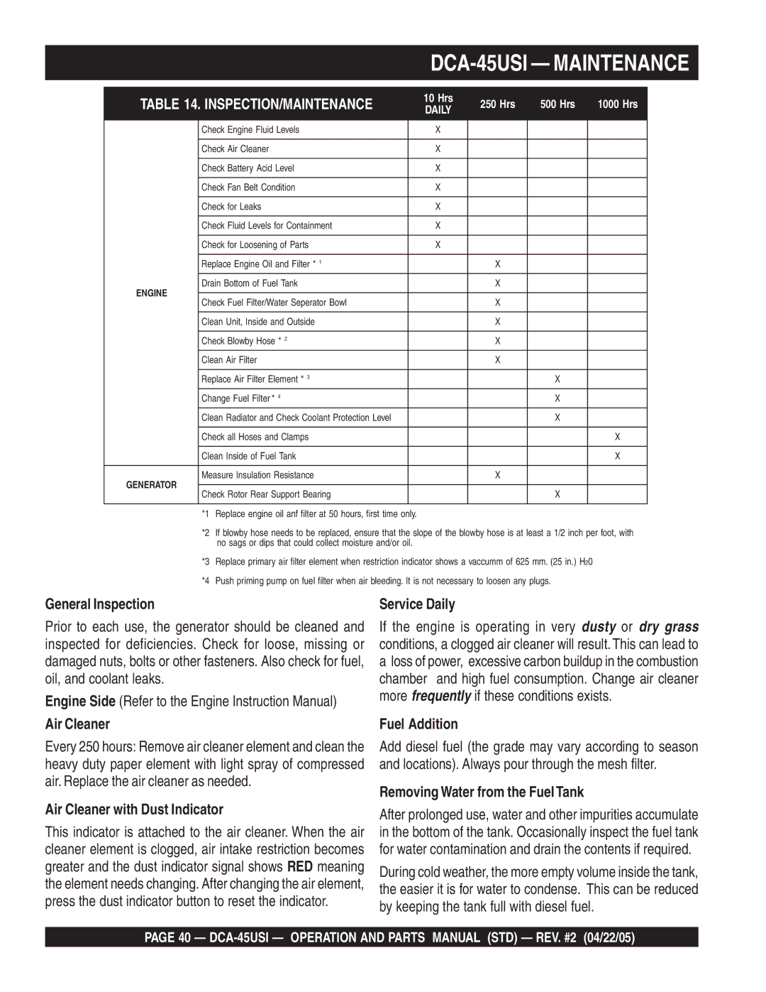 Multiquip DCA-45US1 operation manual DCA-45USI Maintenance 