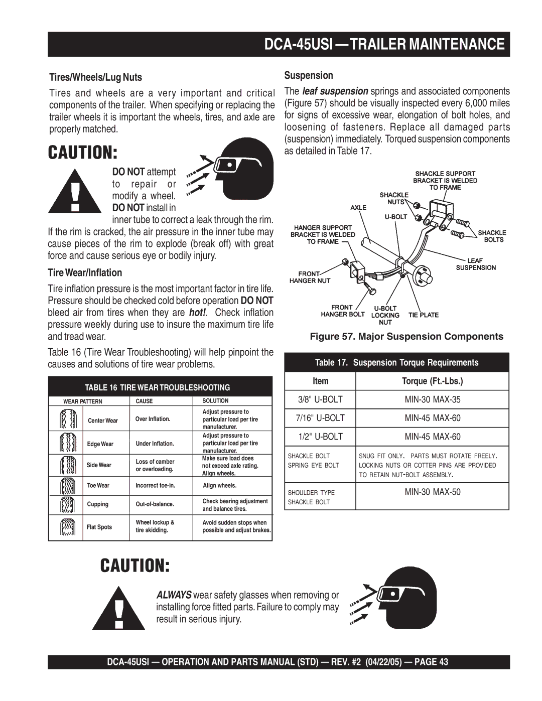 Multiquip DCA-45US1 operation manual DCA-45USI -TRAILER Maintenance, Tires/Wheels/Lug Nuts, TireWear/Inflation, Suspension 