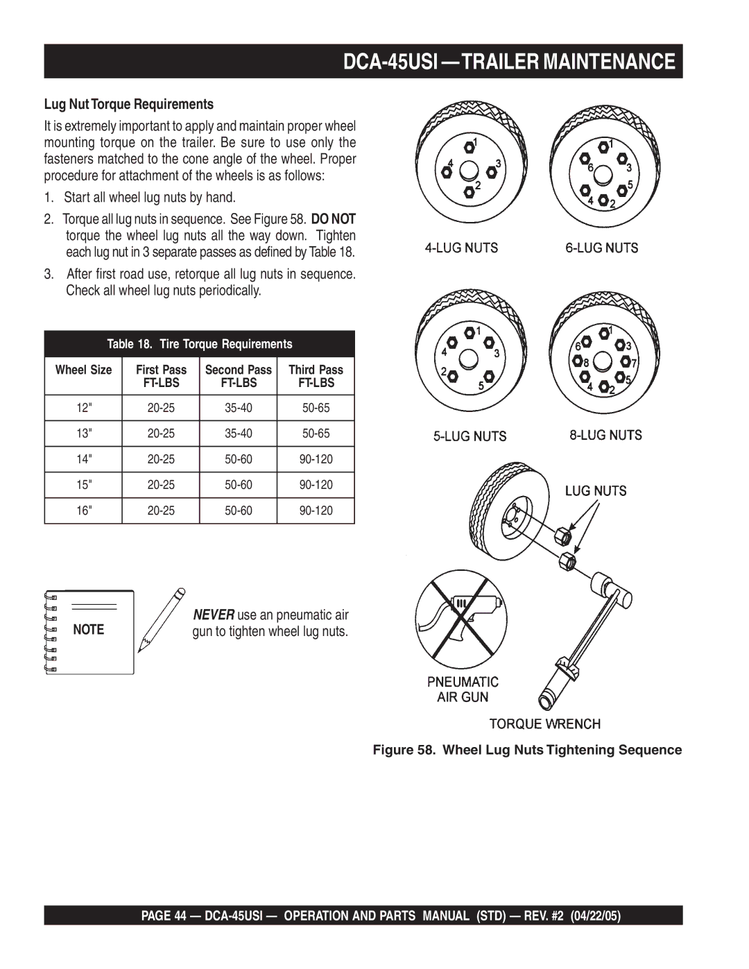 Multiquip DCA-45US1 operation manual Lug Nut Torque Requirements, Start all wheel lug nuts by hand 