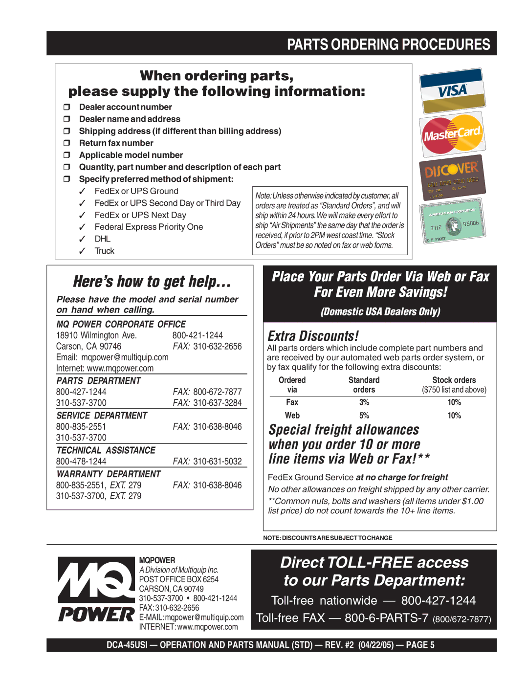 Multiquip DCA-45US1 operation manual Parts Ordering Procedures, When ordering parts Please supply the following information 