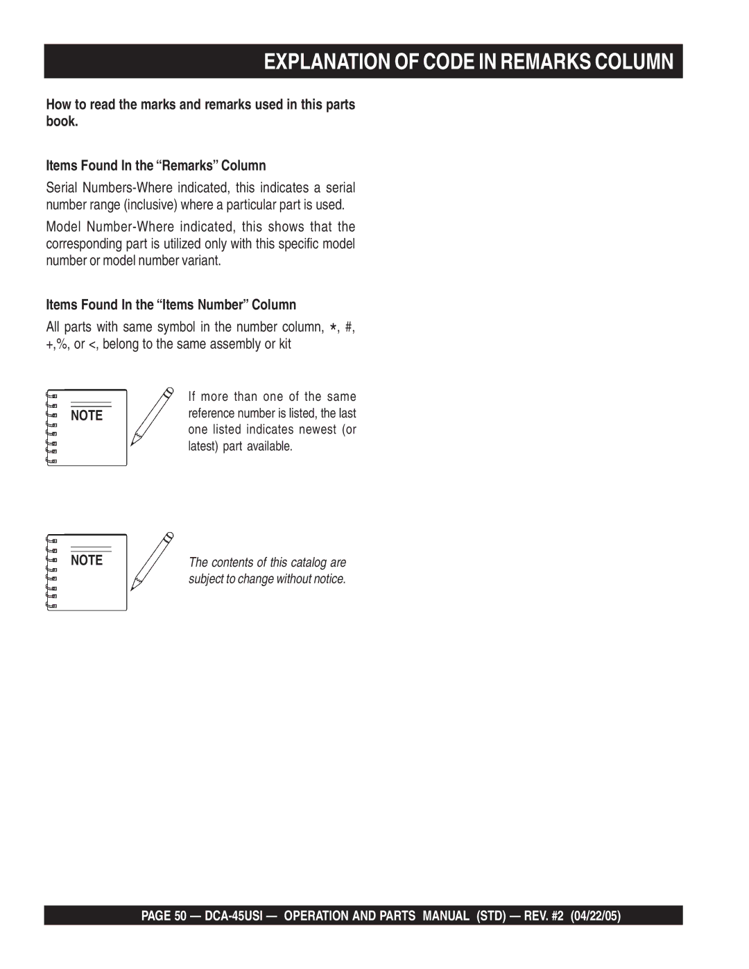 Multiquip DCA-45US1 operation manual Explanation of Code in Remarks Column, Items Found In the Items Number Column 