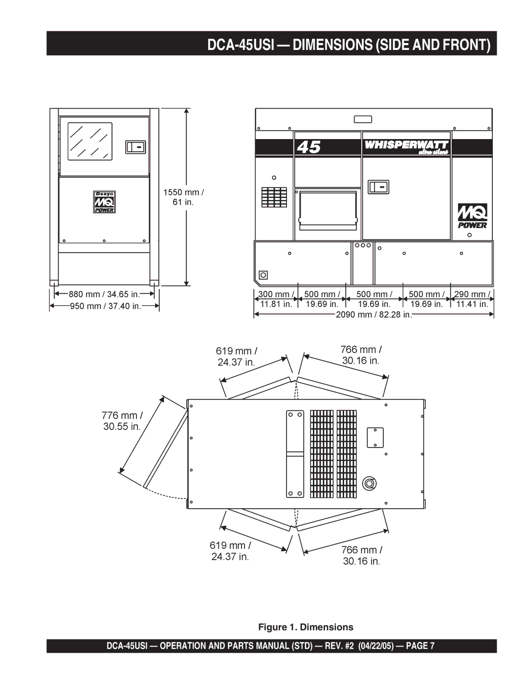 Multiquip DCA-45US1 operation manual DCA-45USI Dimensions Side and Front 