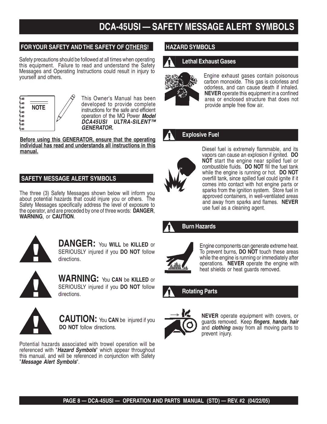 Multiquip DCA-45US1 operation manual DCA-45USI Safety Message Alert Symbols, For Your Safety and the Safety of Others 