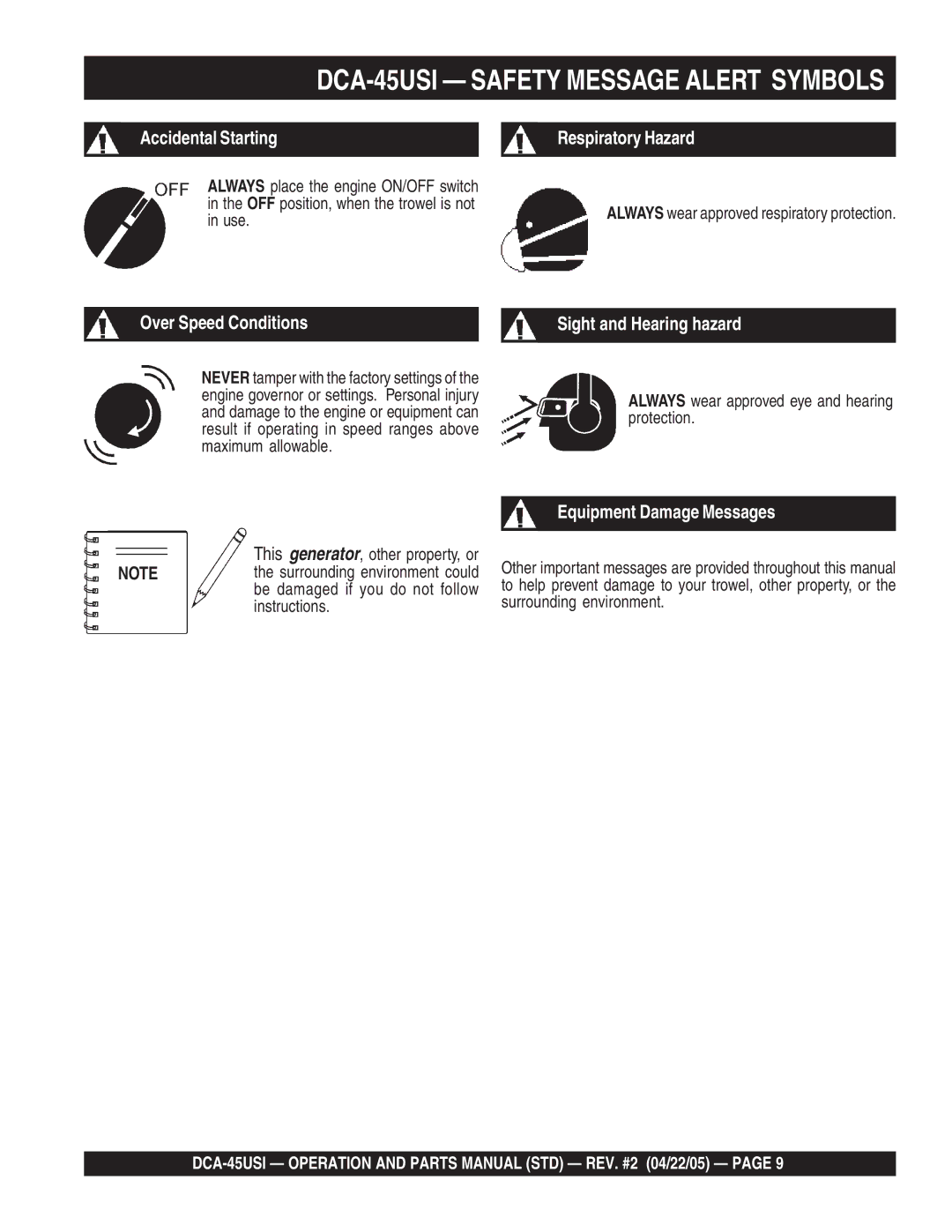 Multiquip DCA-45US1 operation manual DCA-45USI Safety Message Alert Symbols 