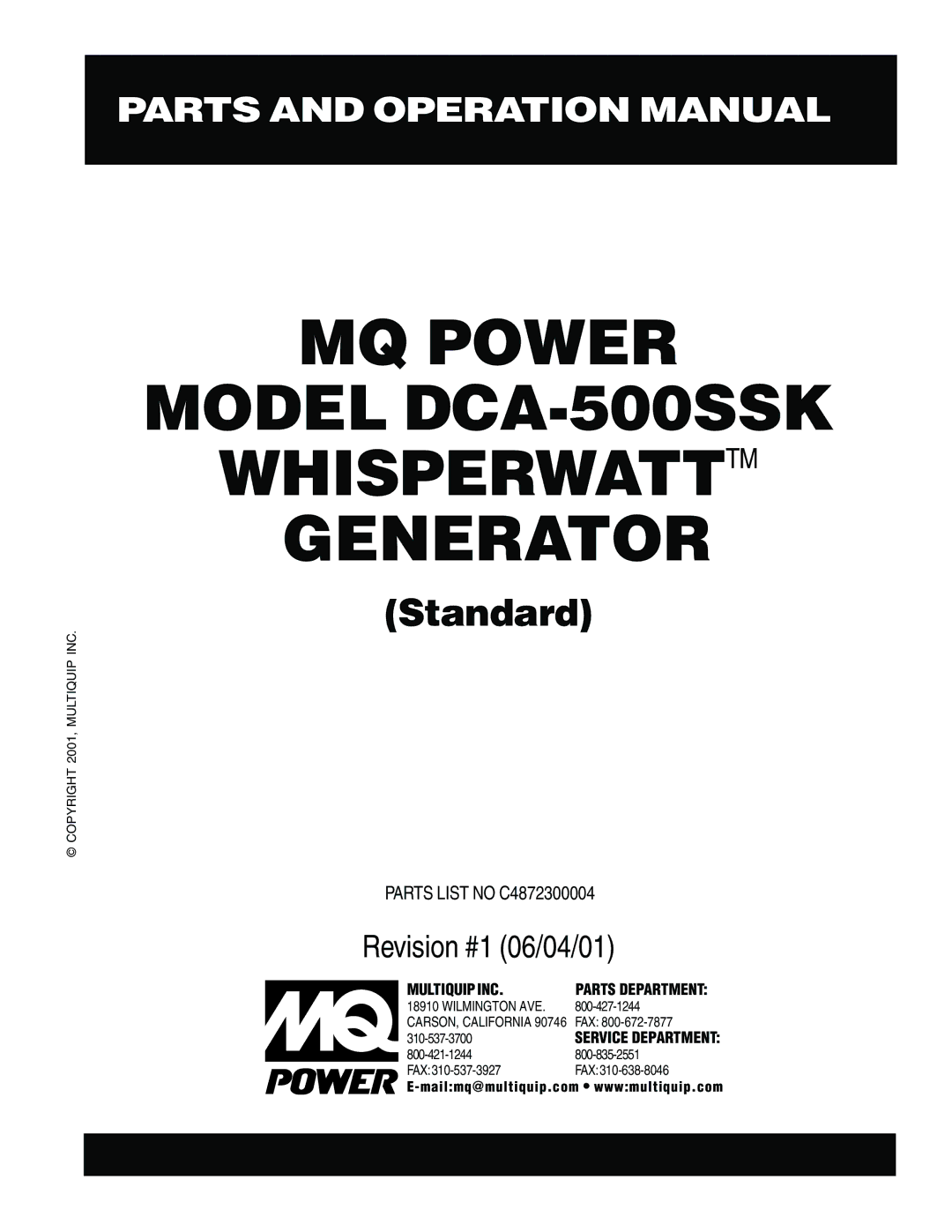 Multiquip operation manual MQ Power Model DCA-500SSK Whisperwatttm Generator 