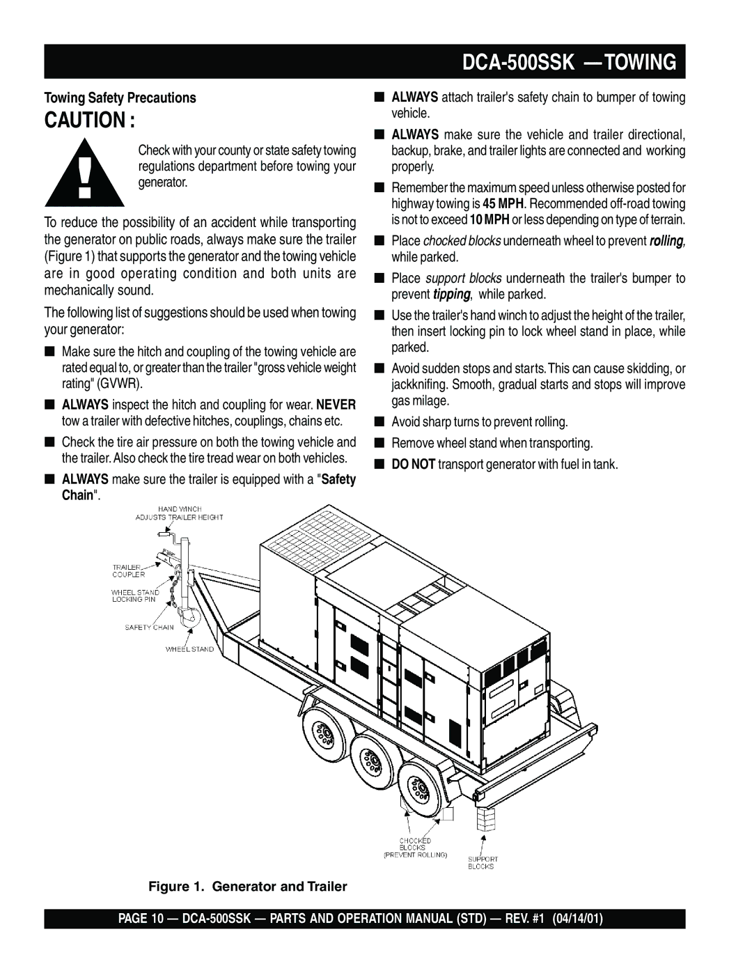 Multiquip operation manual DCA-500SSK -TOWING, Towing Safety Precautions 