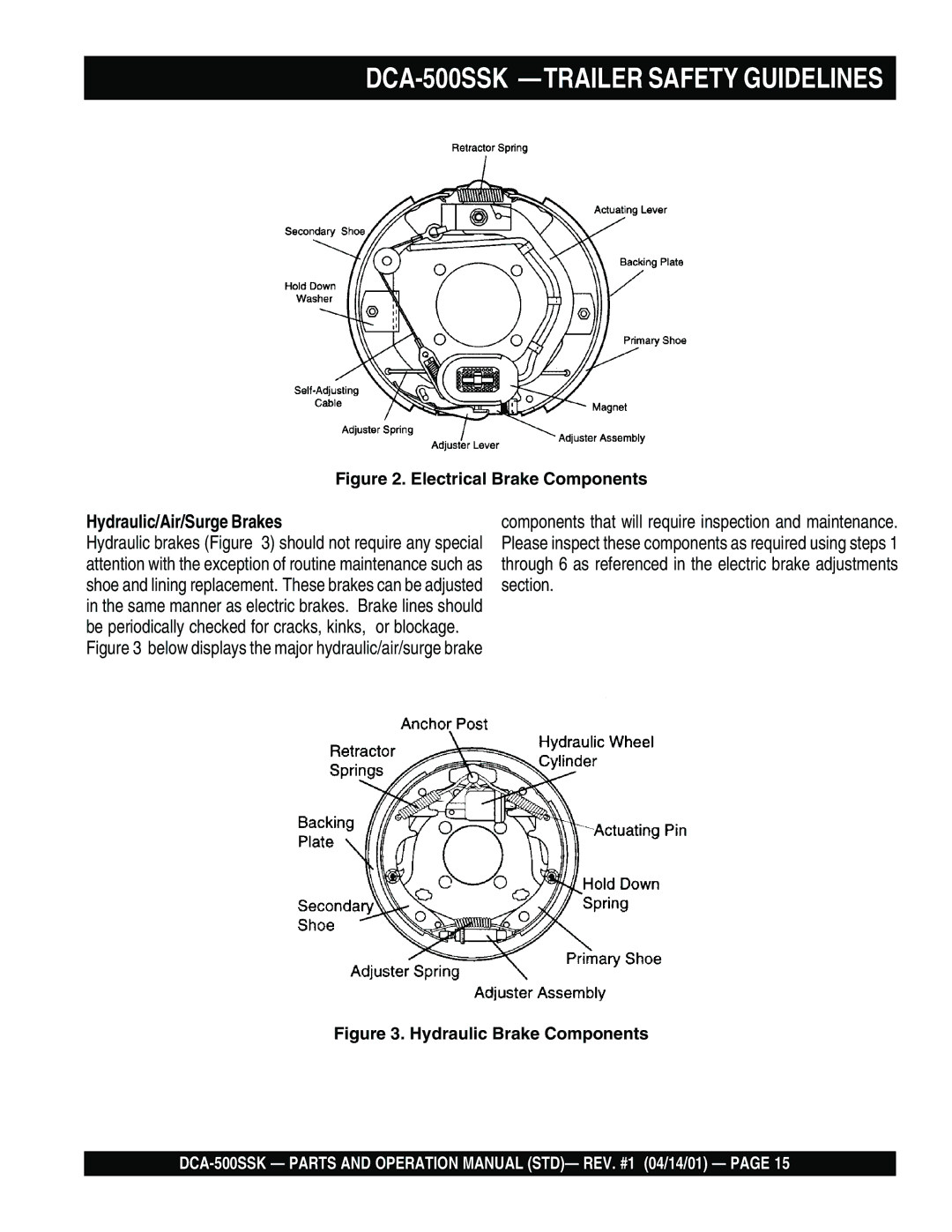 Multiquip operation manual DCA-500SSK -TRAILER Safety Guidelines, Hydraulic/Air/Surge Brakes 