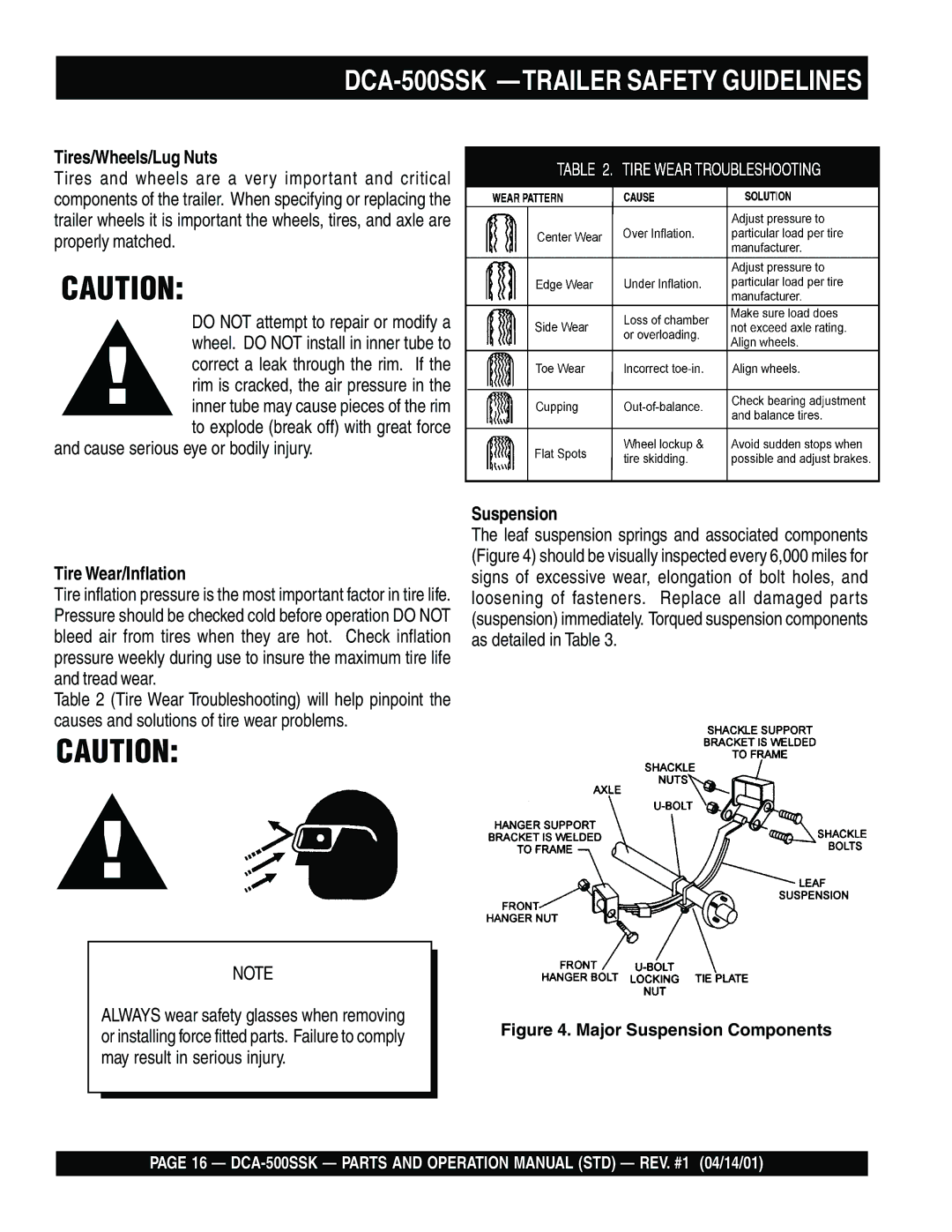 Multiquip DCA-500SSK operation manual Tires/Wheels/Lug Nuts, Tire Wear/Inflation, Suspension 