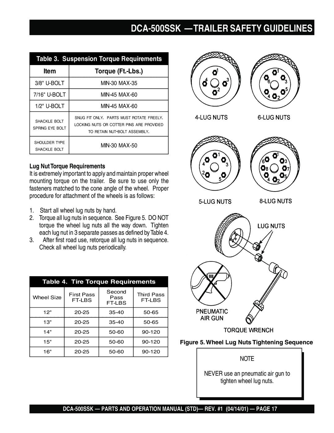 Multiquip operation manual DCA-500SSK -TRAILER Safety Guidelines, Torque Ft.-Lbs, Lug Nut Torque Requirements 