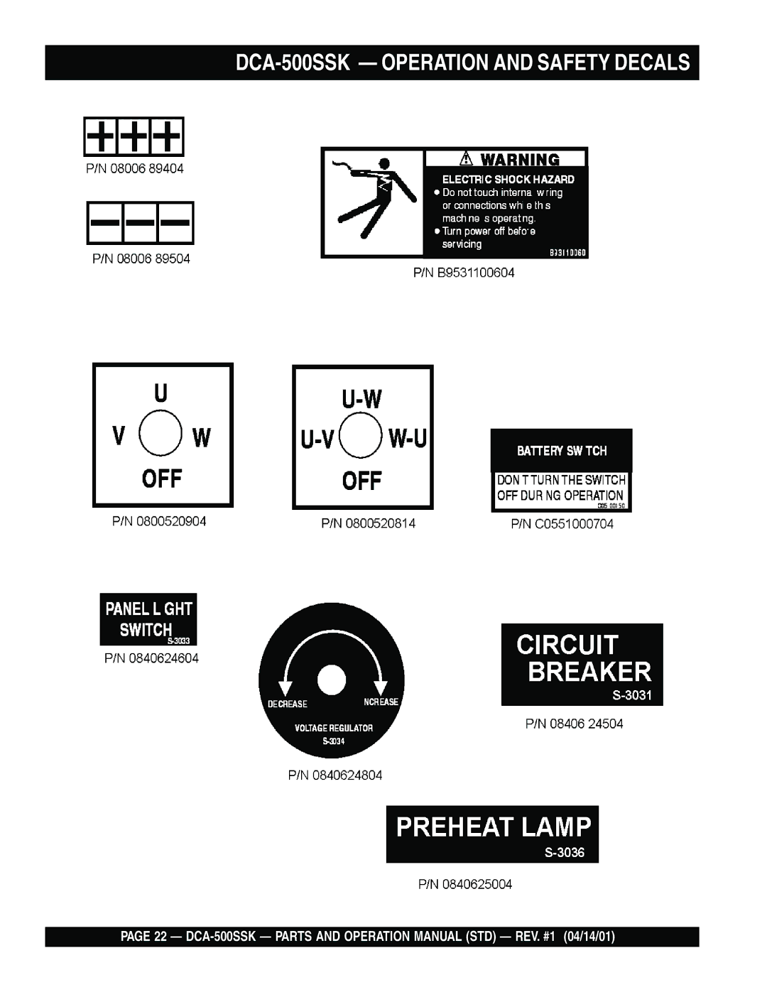 Multiquip operation manual DCA-500SSK Operation and Safety Decals 