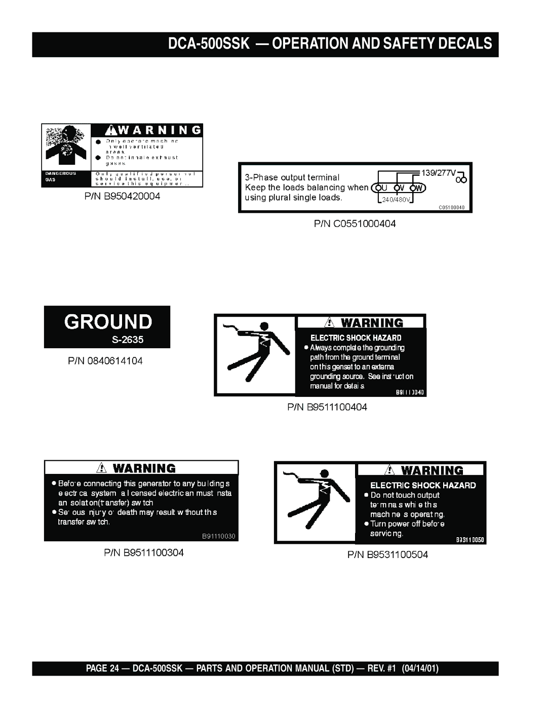 Multiquip operation manual DCA-500SSK Operation and Safety Decals 