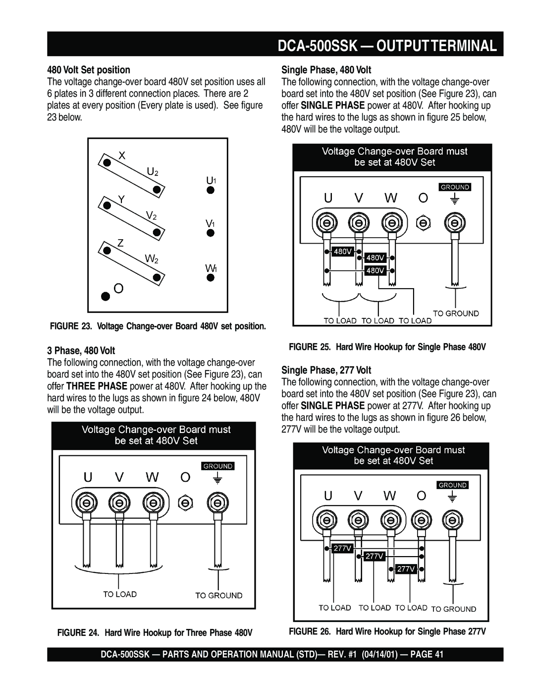 Multiquip operation manual DCA-500SSK Outputterminal, Single Phase, 480 Volt, Single Phase, 277 Volt 