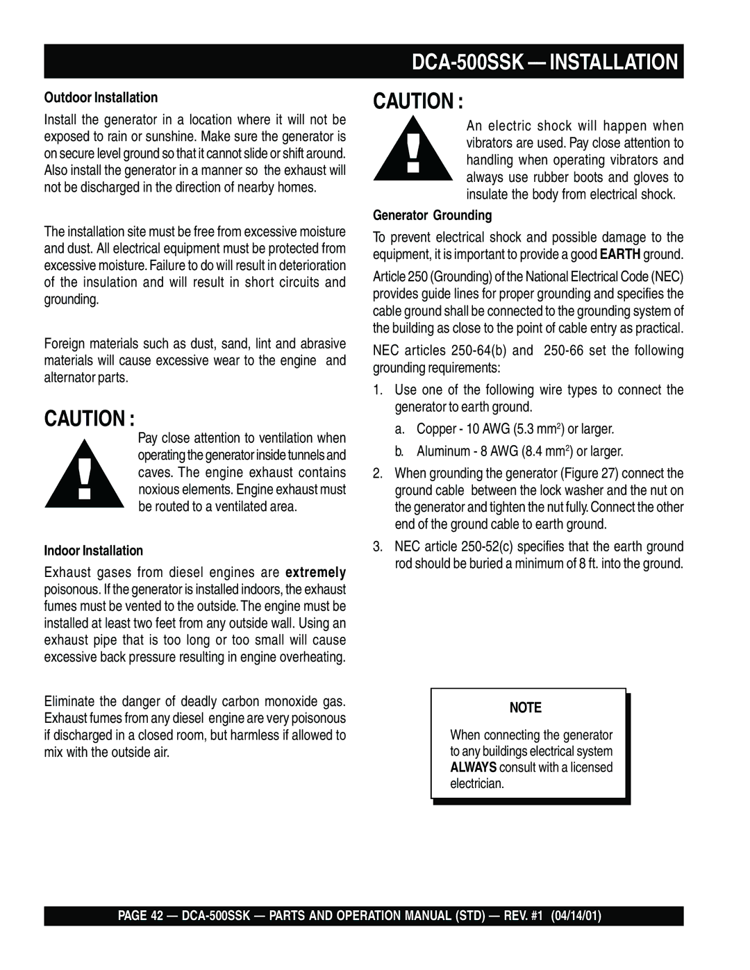 Multiquip operation manual DCA-500SSK Installation, Outdoor Installation 