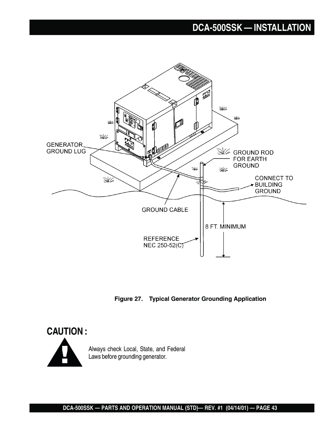 Multiquip operation manual DCA-500SSK Installation, Typical Generator Grounding Application 