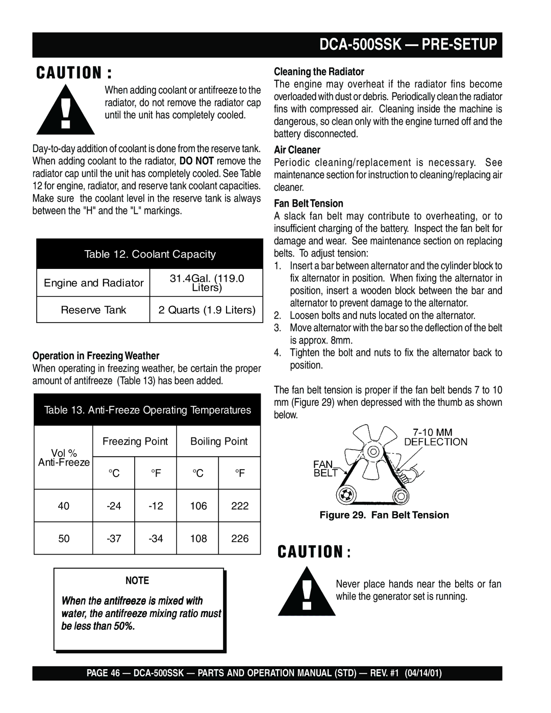 Multiquip DCA-500SSK operation manual Operation in Freezing Weather, Cleaning the Radiator, Air Cleaner, Fan Belt Tension 