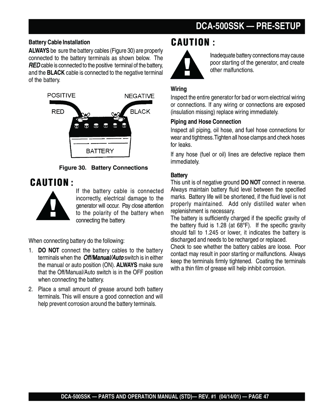 Multiquip DCA-500SSK operation manual Battery Cable Installation, Wiring, Piping and Hose Connection 