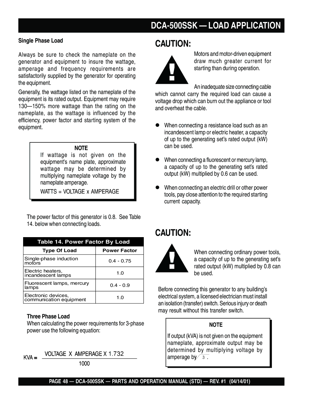 Multiquip operation manual DCA-500SSK Load Application, Single Phase Load, Three Phase Load 