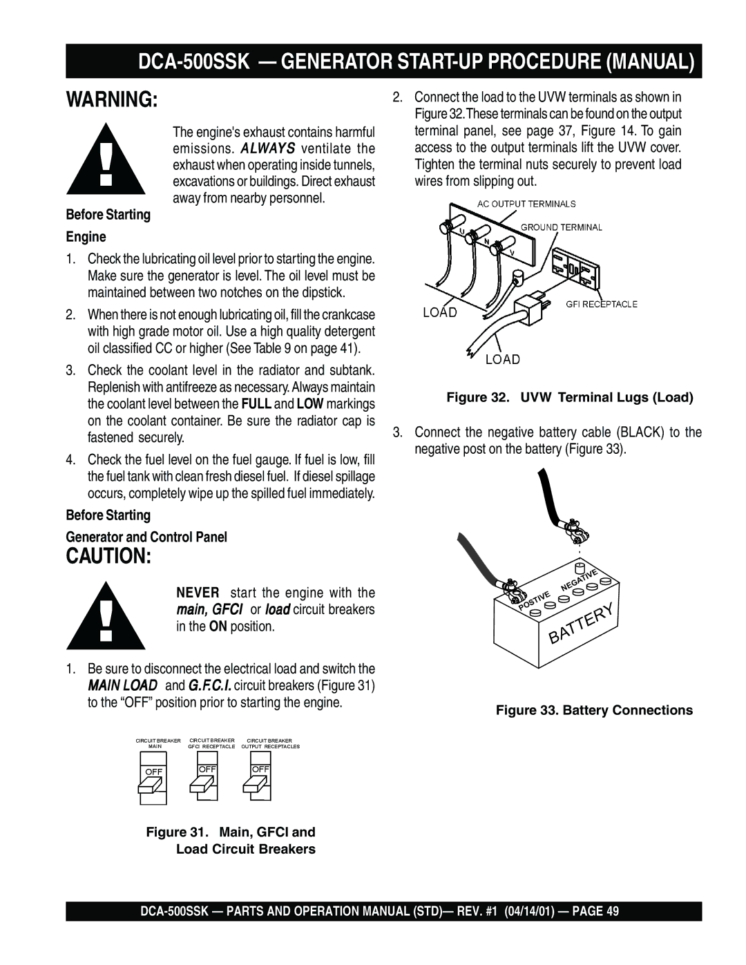 Multiquip DCA-500SSK operation manual Before Starting Engine, Before Starting Generator and Control Panel 