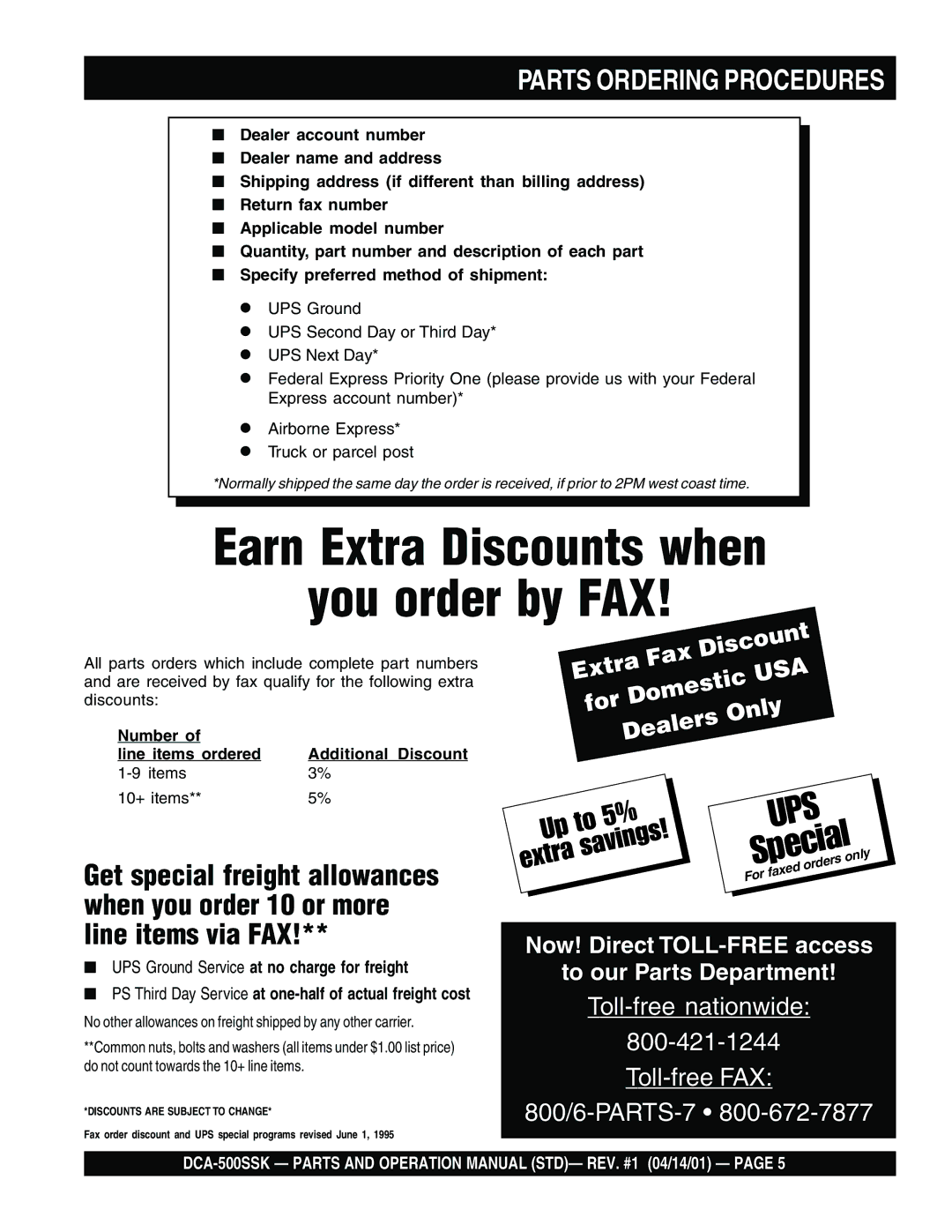 Multiquip DCA-500SSK operation manual Earn Extra Discounts when You order by FAX, Parts Ordering Procedures 