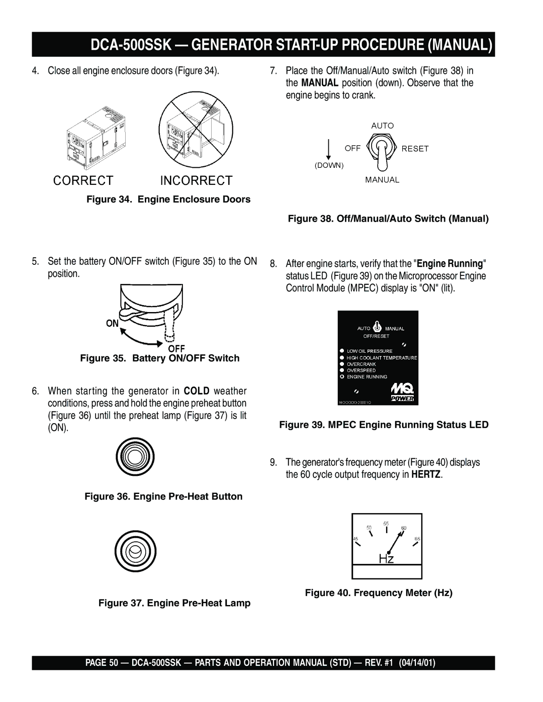 Multiquip DCA-500SSK operation manual Set the battery ON/OFF switch to the on position 