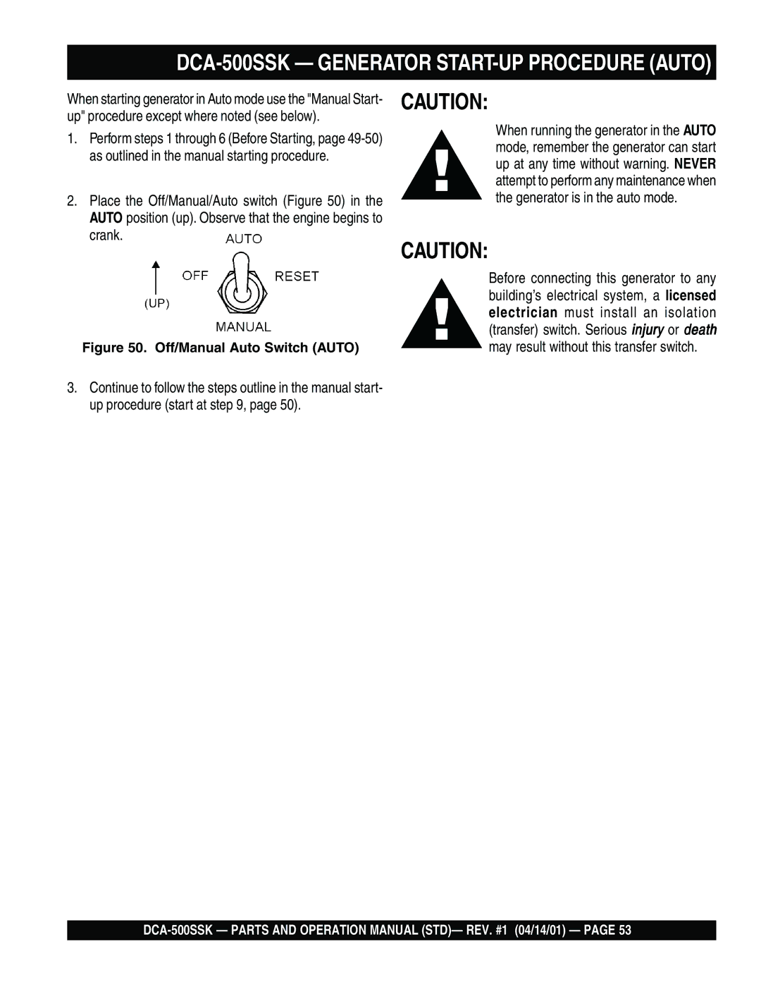 Multiquip operation manual DCA-500SSK Generator START-UP Procedure Auto 