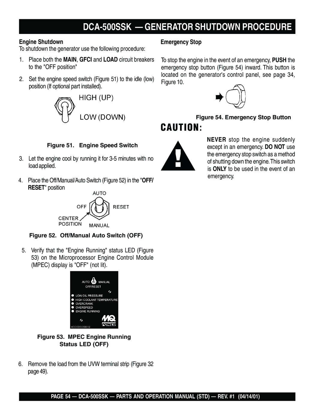 Multiquip operation manual DCA-500SSK Generator Shutdown Procedure, Engine Shutdown, Emergency Stop 