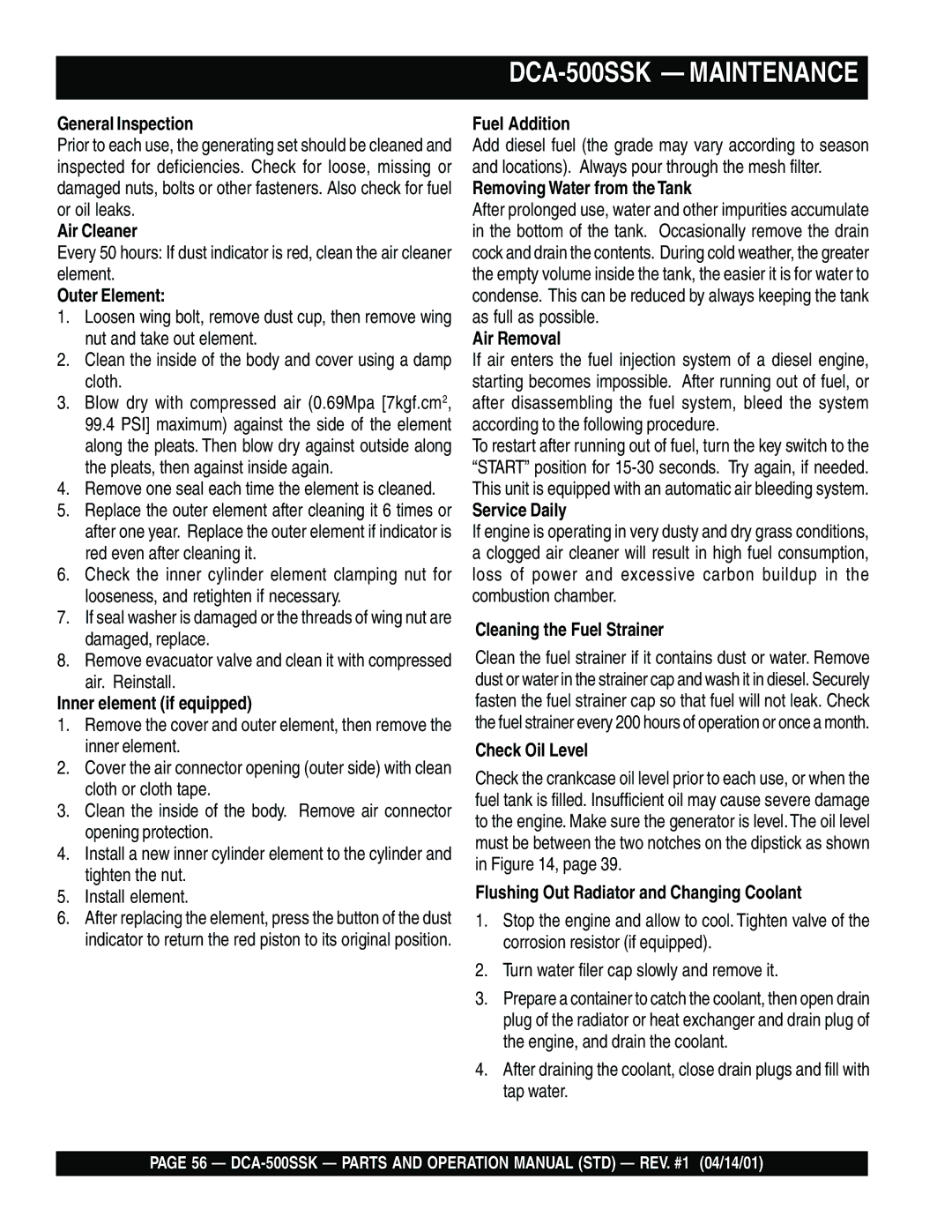 Multiquip operation manual DCA-500SSK Maintenance 