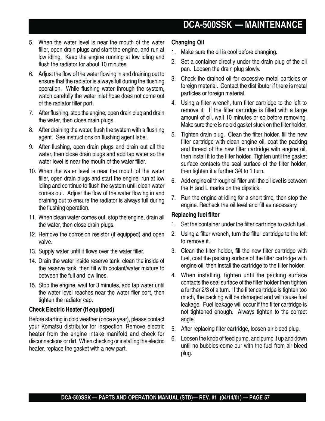 Multiquip DCA-500SSK operation manual Check Electric Heater If equipped, Changing Oil, Replacing fuel filter 