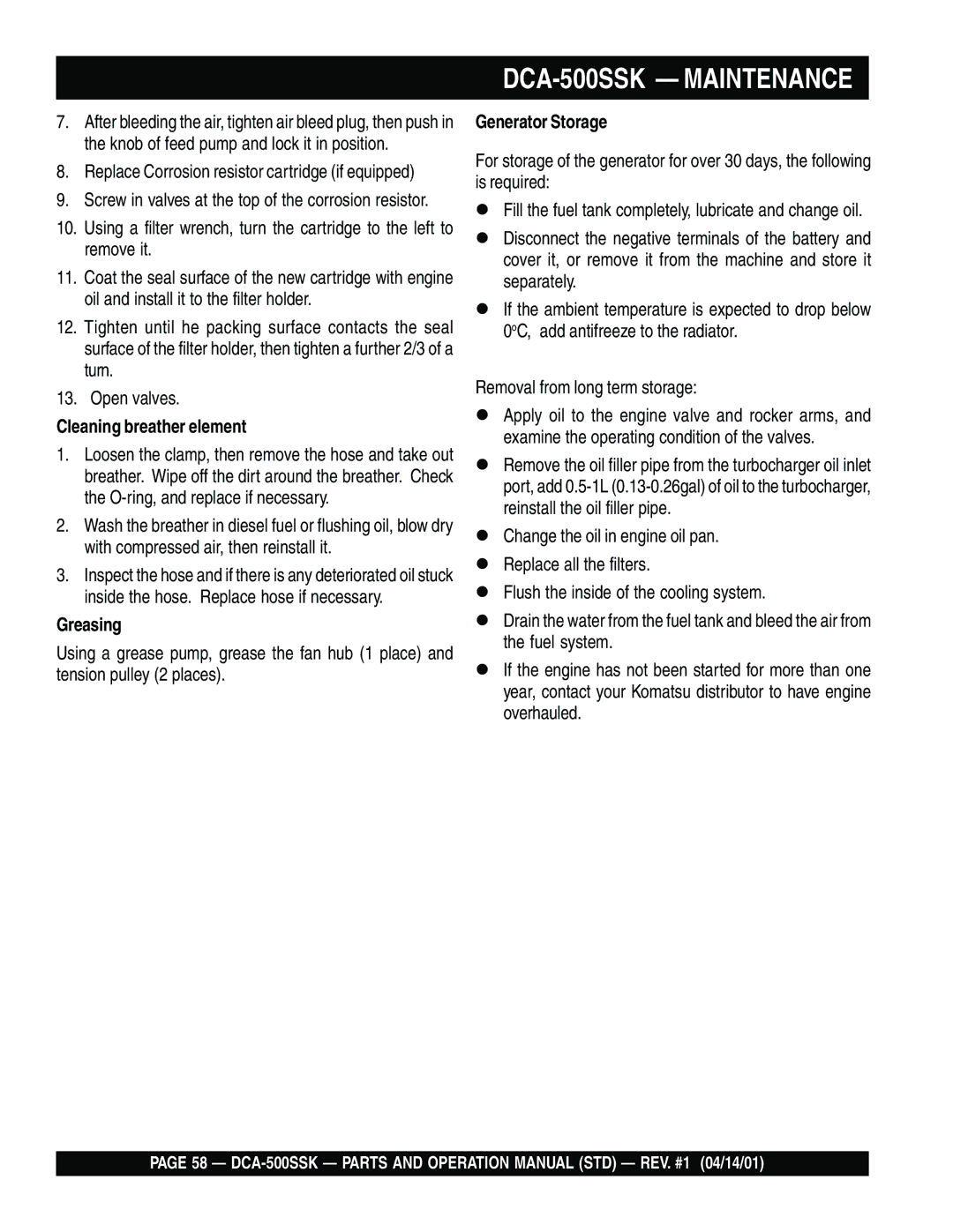 Multiquip DCA-500SSK operation manual Cleaning breather element, Greasing, Generator Storage 