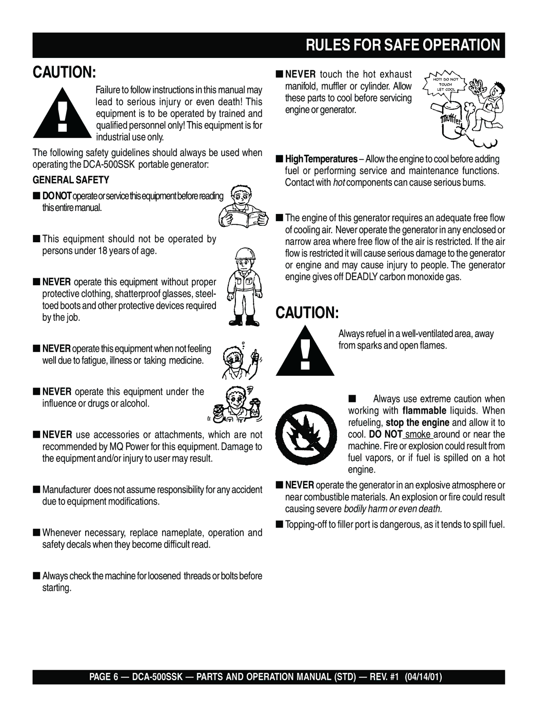 Multiquip DCA-500SSK operation manual Rules for Safe Operation, General Safety 