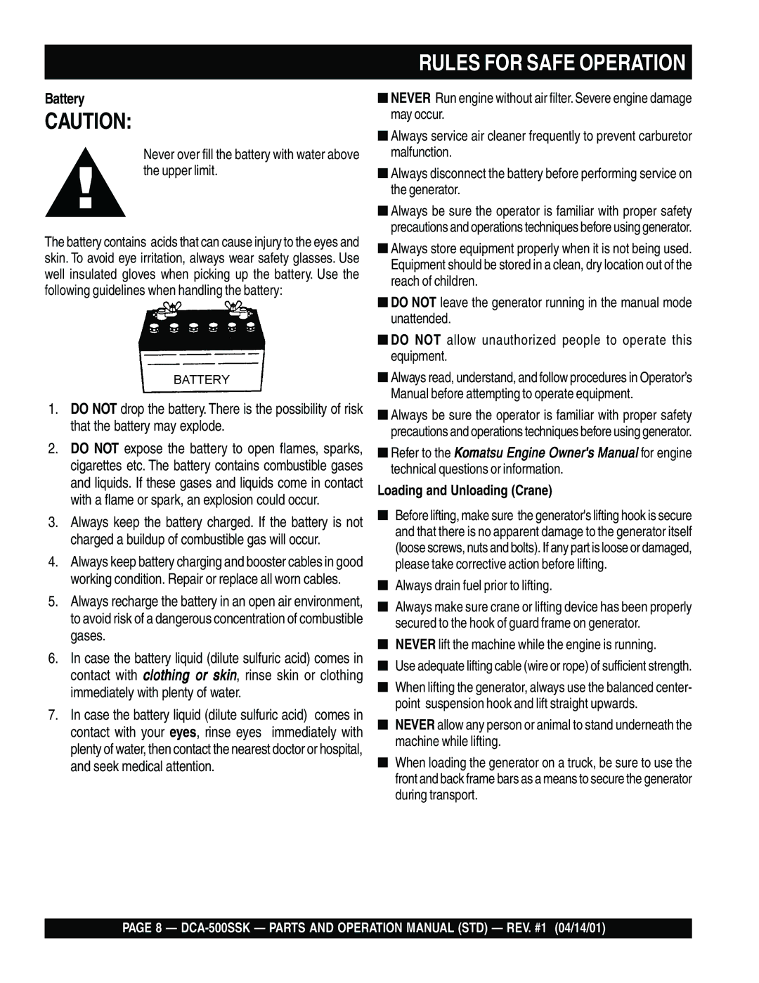 Multiquip DCA-500SSK operation manual Battery, Loading and Unloading Crane 