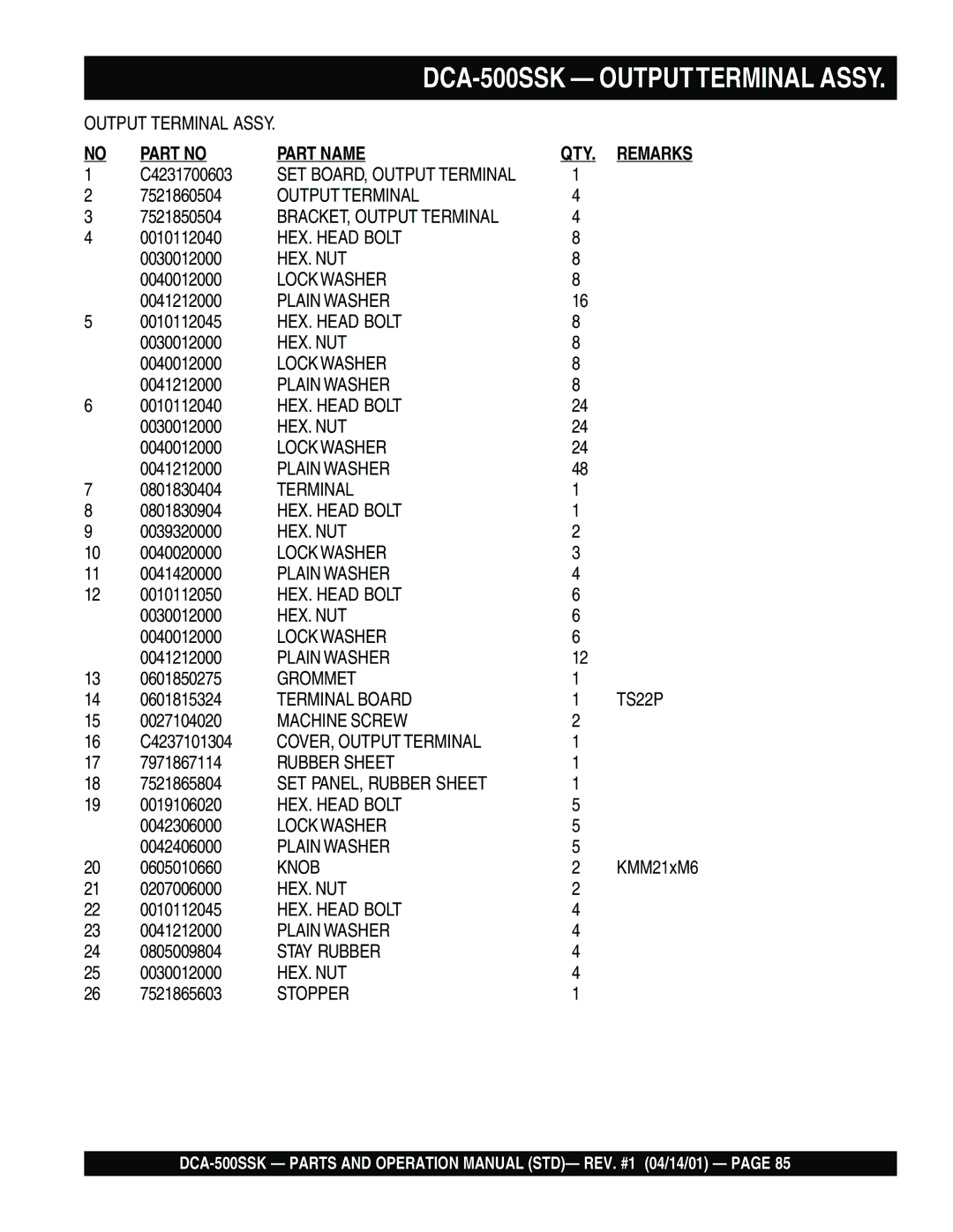 Multiquip DCA-500SSK operation manual Output Terminal 