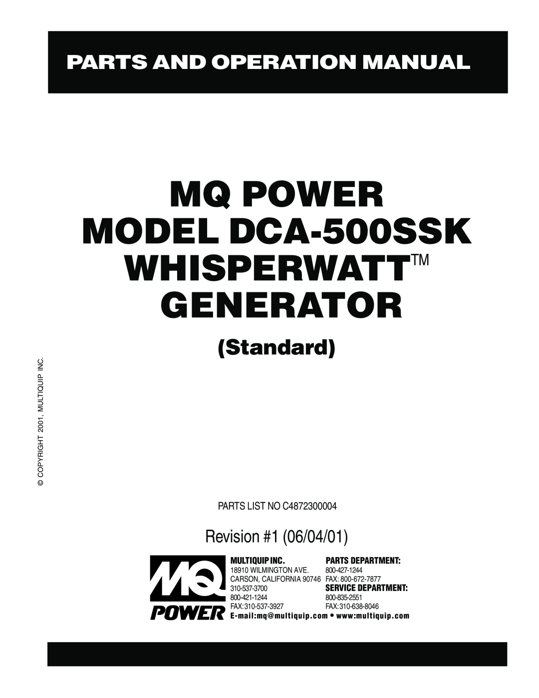 Multiquip operation manual Parts And Operation Manual, MQ POWER MODEL DCA-500SSK WHISPERWATTTM GENERATOR, Standard 